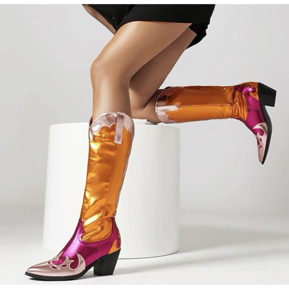 Azalea Wang Hendrix Western Cowboy Boot Knee High Pink/Orange Metallic Sz 9 - Picture 1 of 12
